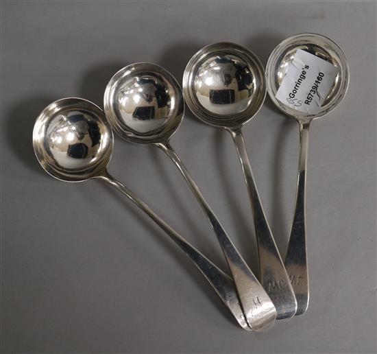 Two pairs of Old English pattern sauce ladles, George III and George IV.